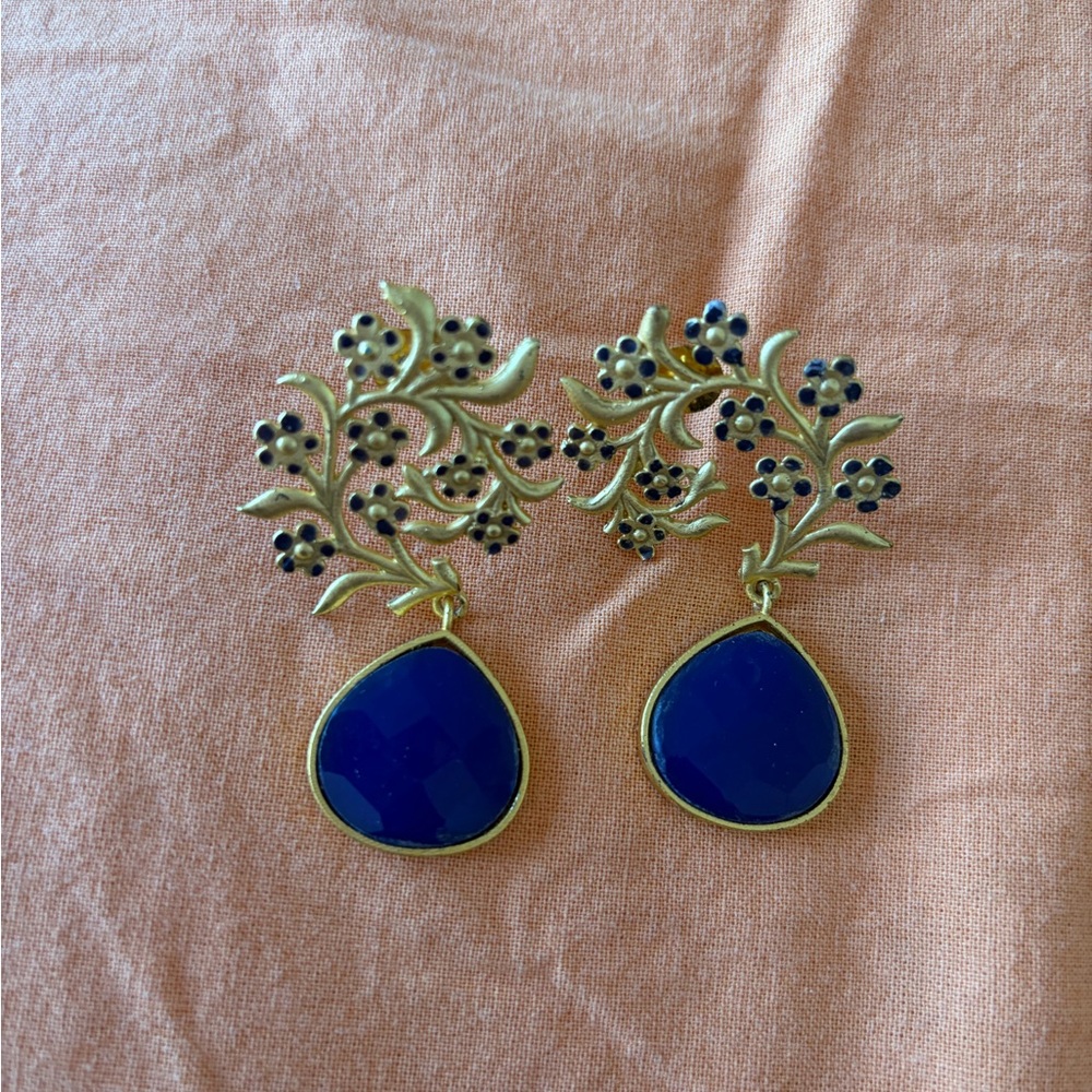 Gold Floral Drop Earrings with Deep Blue Stones